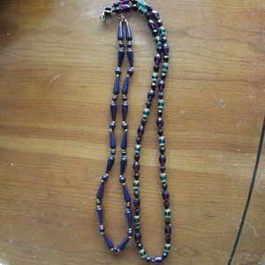Set of 2 Necklaces. Purple & Green Beaded Necklace/Blue & Gold Beaded Necklace